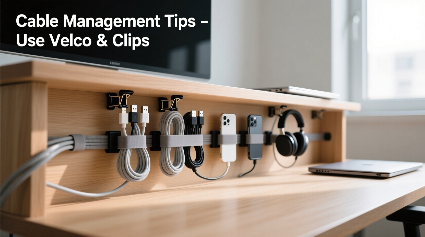 how to organize cords behind your desk with velcro ties and clips