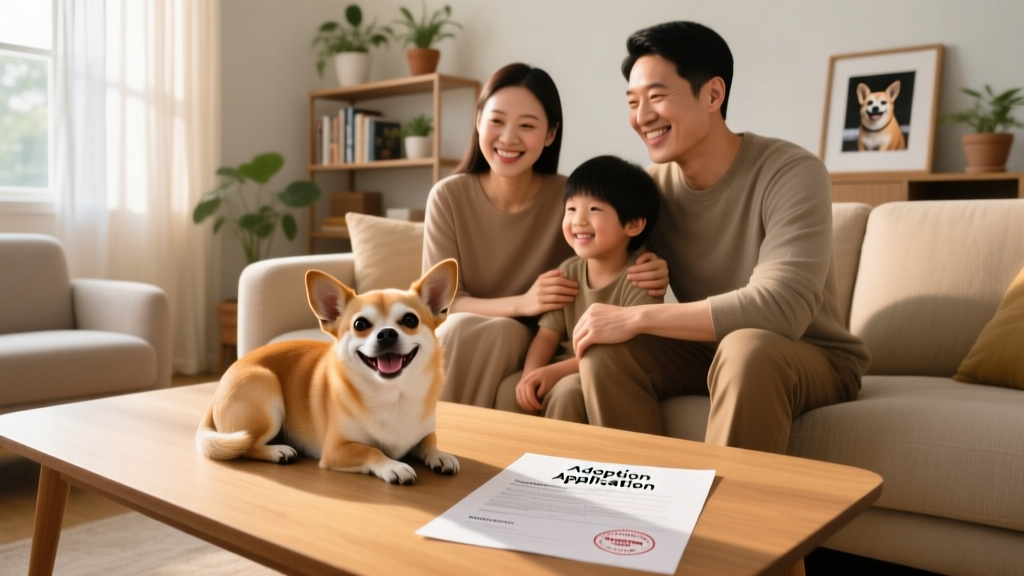 A happy Chihuahua curled up on a sofa beside a smiling new family, with adoption paperwork visible on the coffee table