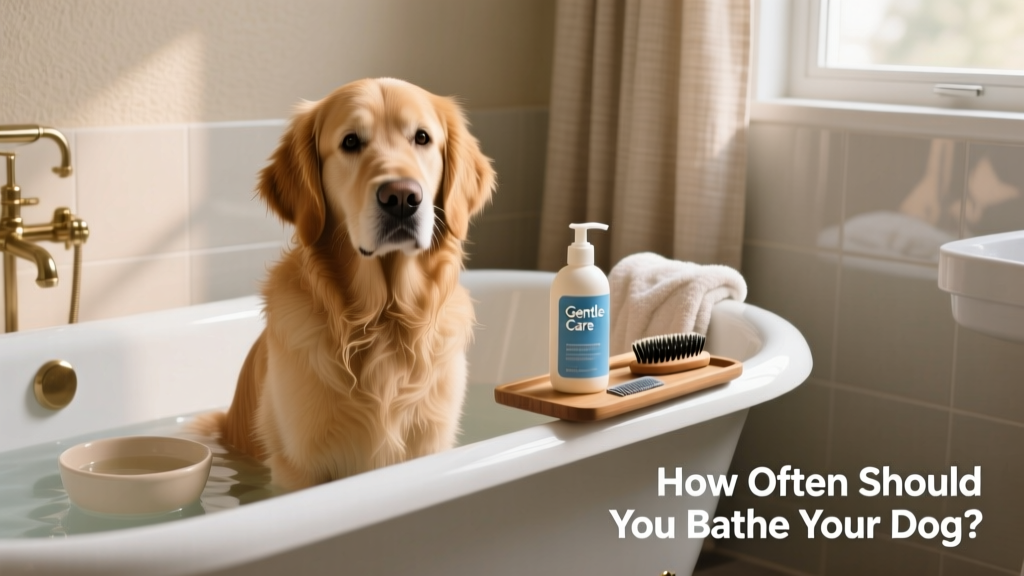 A calm dog sitting beside a bathtub with grooming supplies nearby