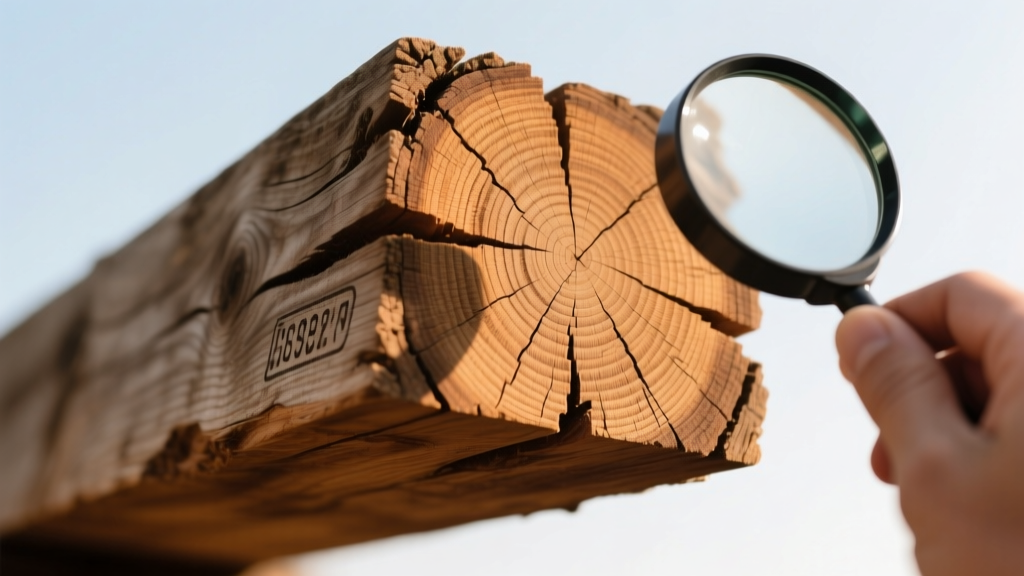 Close-up of a weathered structural timber beam with visible growth rings and a faded grade stamp examined with a magnifying loupe