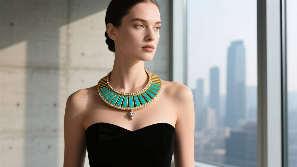 Woman in a strapless black gown wearing a wide hinged gold Cleopatra necklace with turquoise enamel and small diamond accents.
