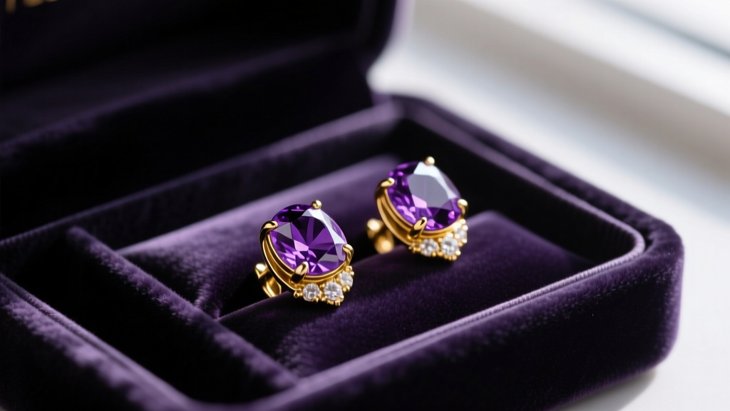 14k gold amethyst earrings in dark velvet box with compartments, soft light highlighting luxury velvet texture and deep purple gems