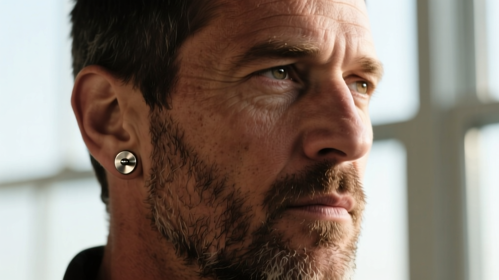 Close-up portrait of a rugged man with a short beard wearing a single 14-gauge titanium flat-back stud in his left ear lobe