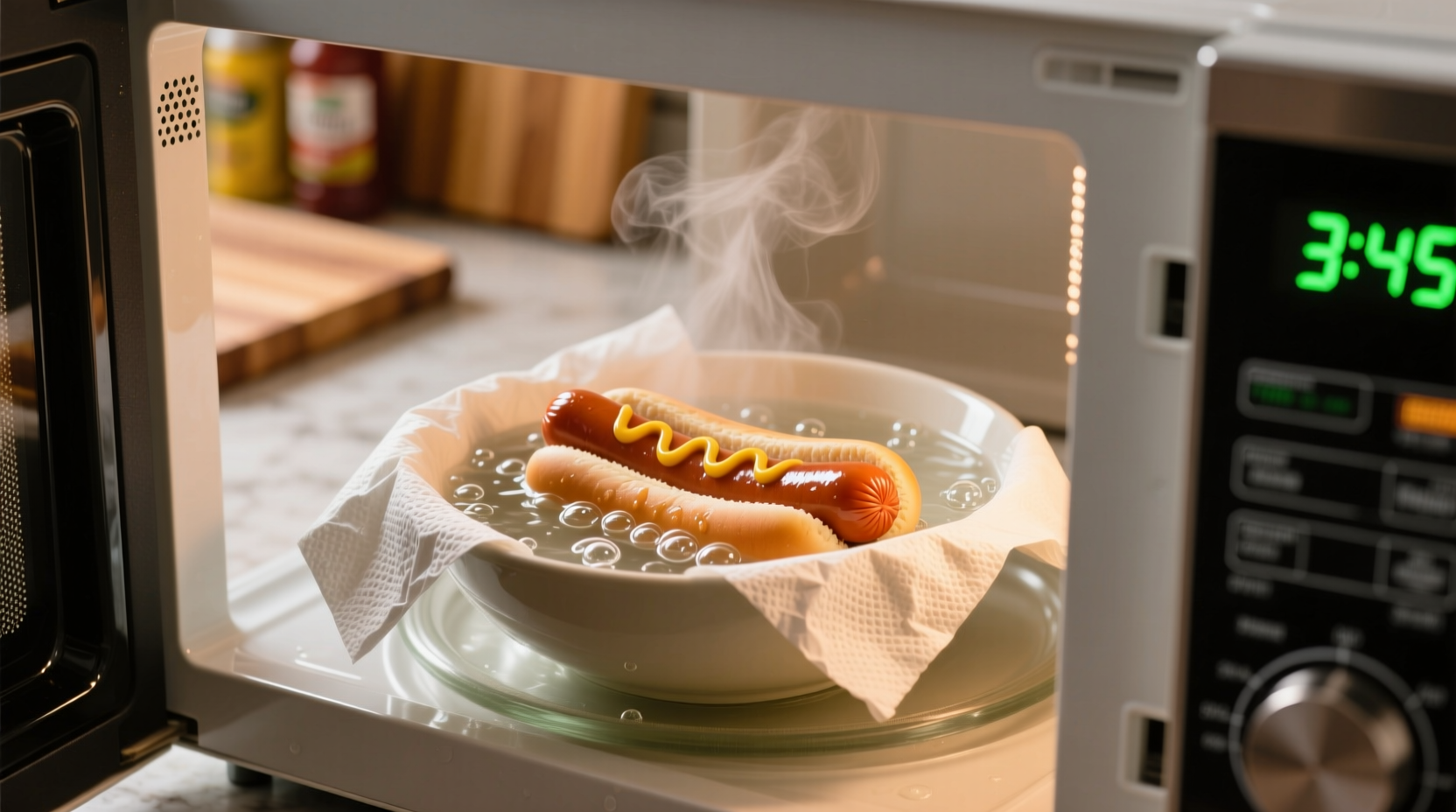 Microwave cooking hotdogs in water with paper towel cover