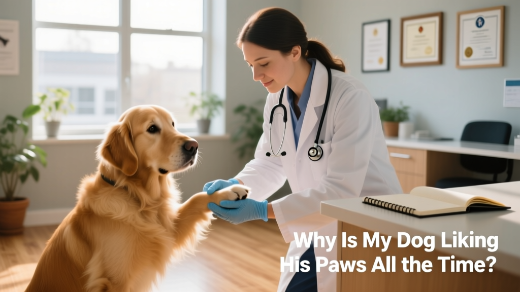 Veterinarian examining a dog's paw while the dog looks calmly at the camera