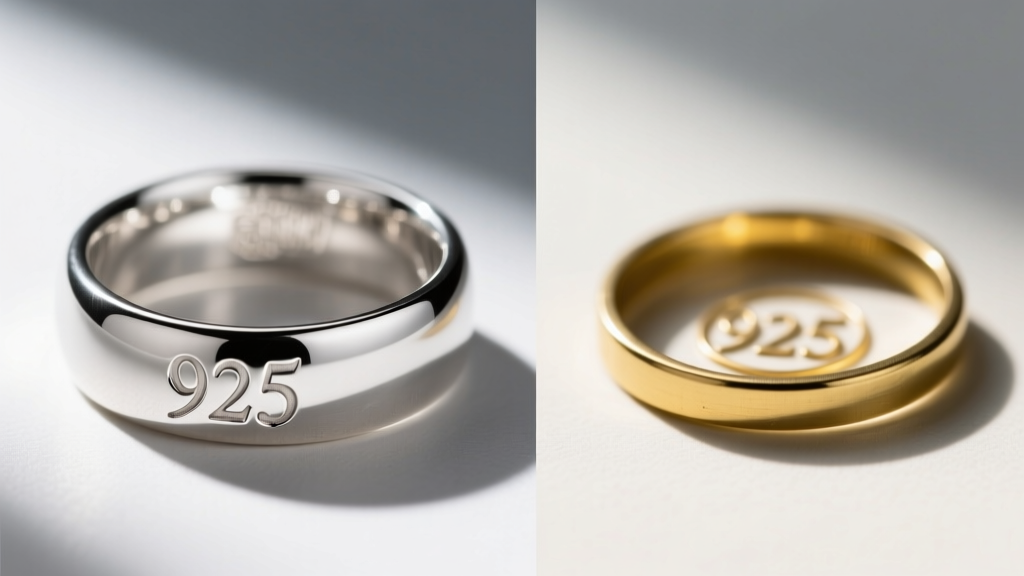 Side-by-side comparison of a genuine 925 hallmark on thick silver next to a blurry, shallow fake stamp on thin plated brass