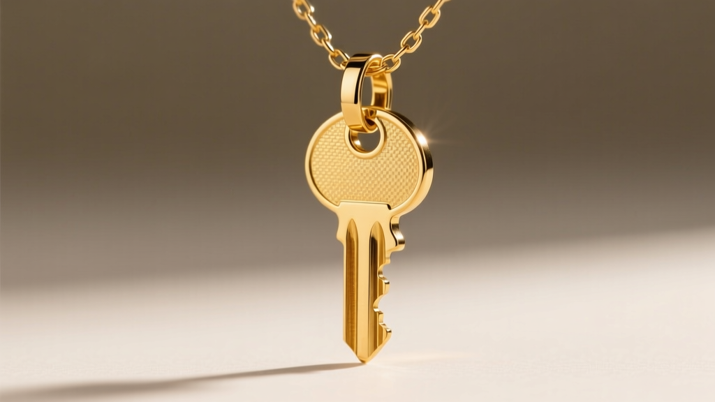 Macro shot of 18k gold vermeil key pendant on 2.5mm paperclip chain, highlighting thick micron plating and secure lobster clasp.