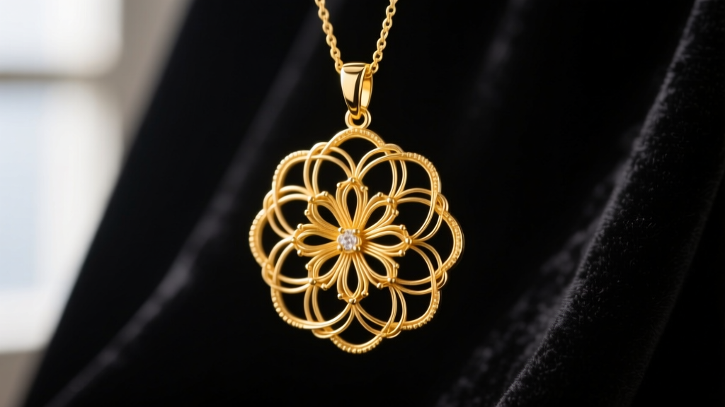 Macro photography of an intricate 14k yellow gold necklace filigree pendant featuring floral wirework motifs against dark velvet