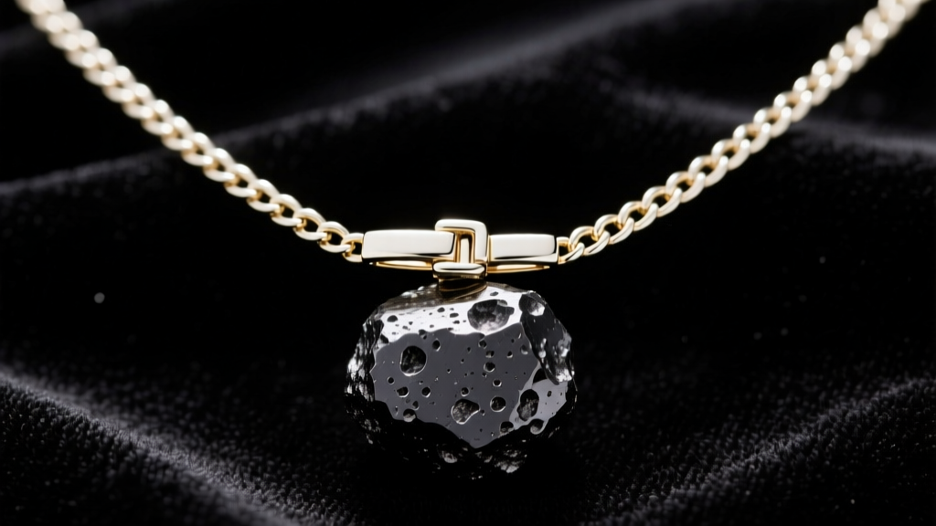 Detailed view of a 2mm white gold box chain connecting to a folding clasp on a heavy meteorite lunar necklace against dark velvet