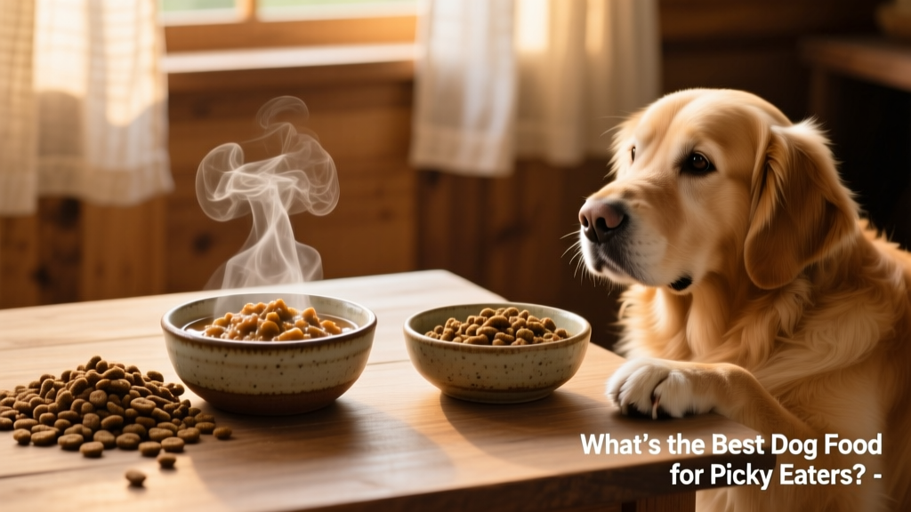 Side-by-side comparison of dry kibble and gently cooked wet food in bowls, with steam rising from the warm wet portion