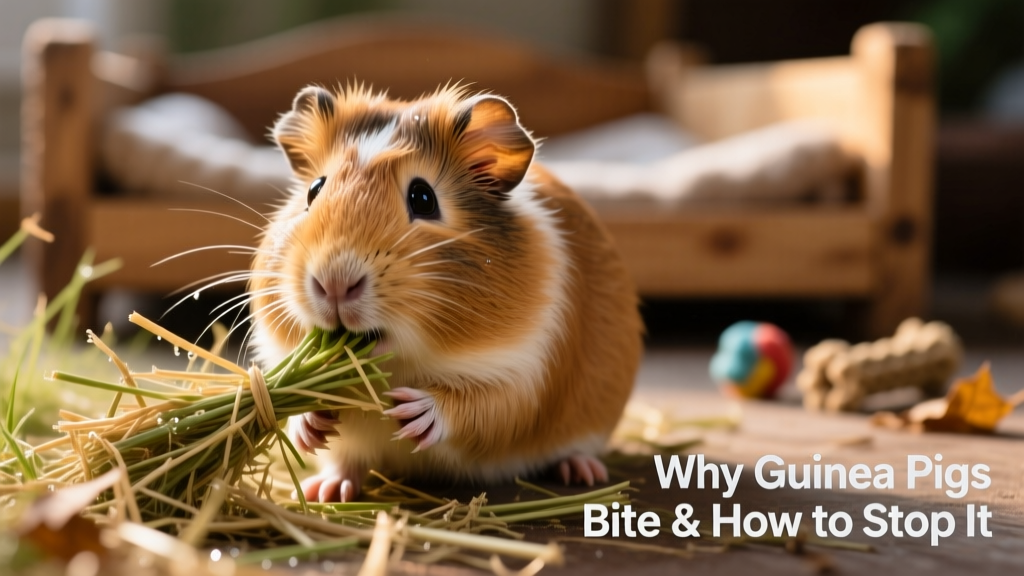 Close-up of a guinea pig gnawing on a bundle of fresh timothy hay