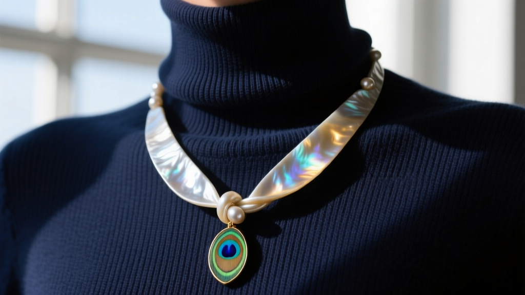 Close-up of mother of pearl long necklace tied in a loose knot over a dark navy turtleneck sweater, showing high-contrast styling.