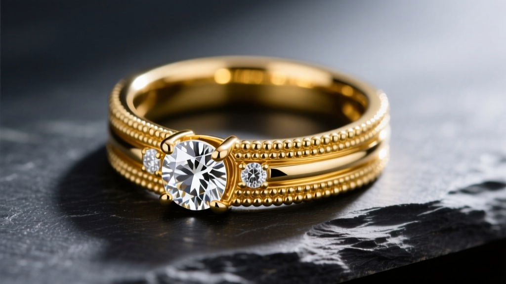 Close-up macro shot of an 18k yellow gold bespoke diamond ring with intricate milgrain detailing resting on a dark slate surface.