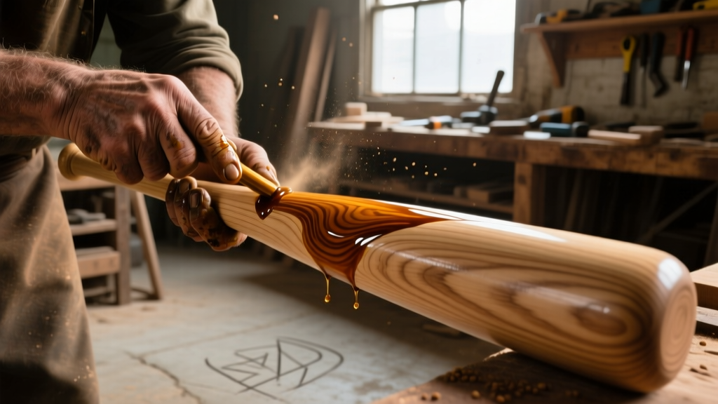 Close-up of a craftsman applying raw linseed oil to the barrel of a raw maple wood baseball bat in a dusty workshop