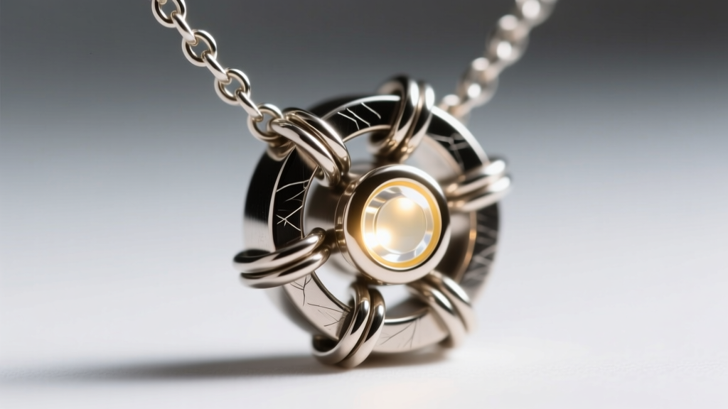 Macro shot of a titanium lighting necklace pendant featuring a glowing warm-white micro-LED, showing fine wire soldering joints