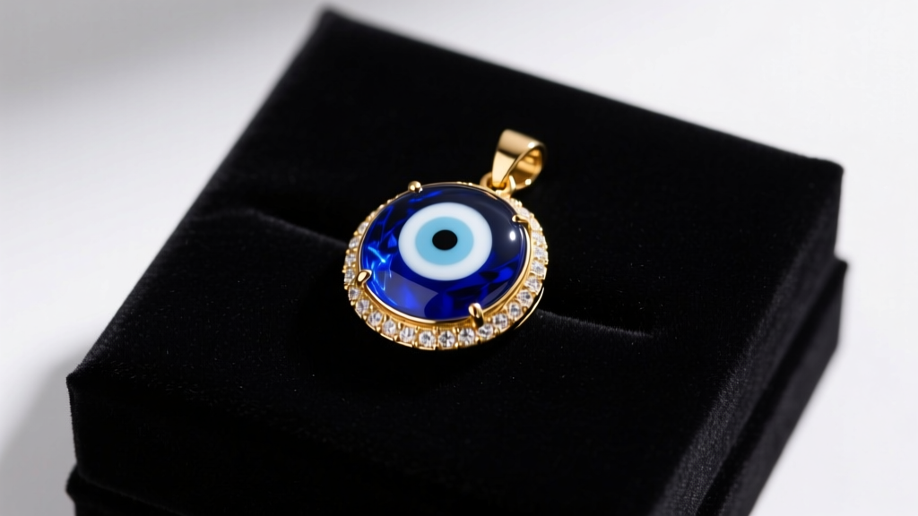 Cobalt blue and white glass evil eye pendant in 14k gold vermeil resting on dark velvet gift box lid under soft studio lighting