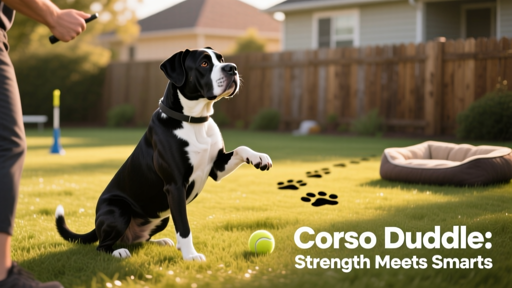 A well-groomed adult Corso Doodle performing a simple trick during training, showcasing focus and responsiveness