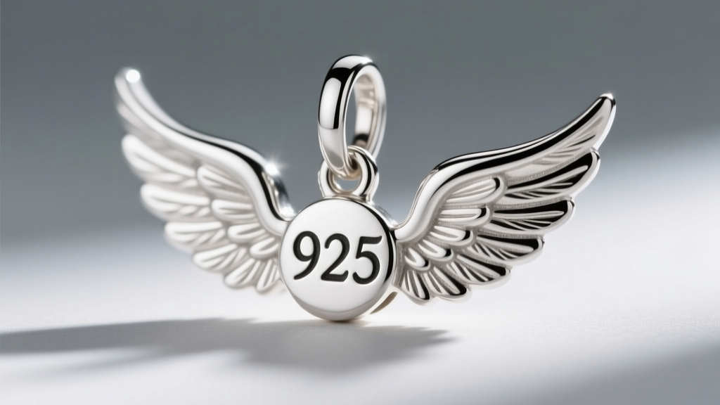 Macro shot of a 925 hallmark on a silver angel wing charm, highlighting crisp engraving and a bright, reflective metal surface.