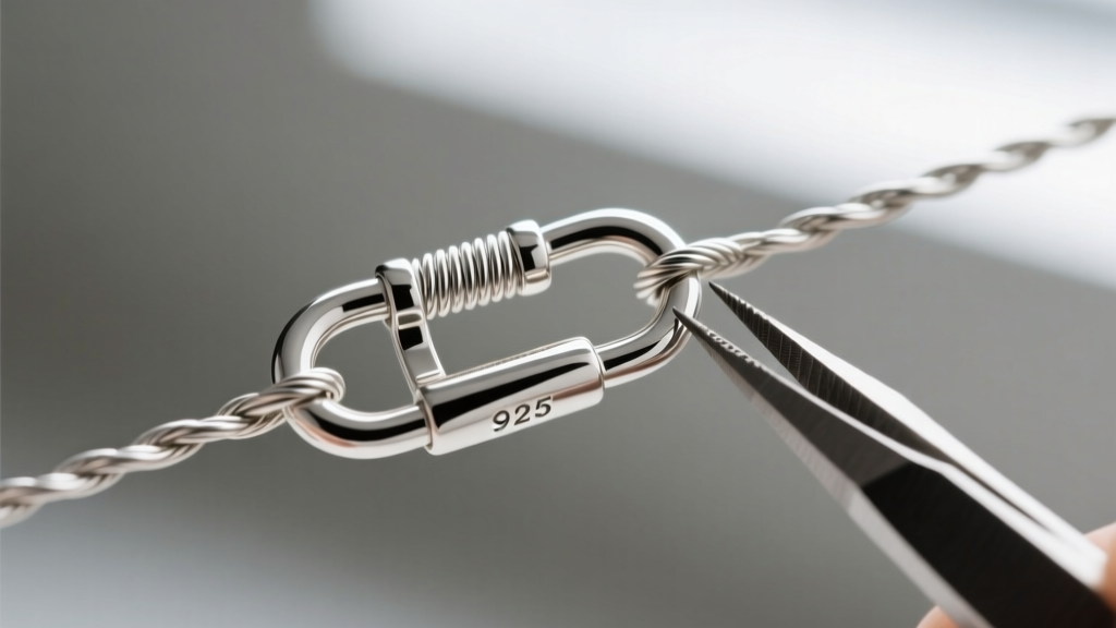 Close-up macro shot of a 925 sterling silver lobster clasp being attached to a delicate 1.2mm cable chain using a silver jump ring.
