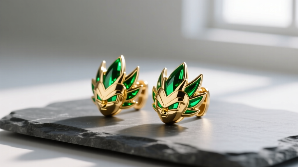 Gold Potara earrings from Dragonball Z on slate, side lighting highlighting metal textures and vibrant green enamel accents