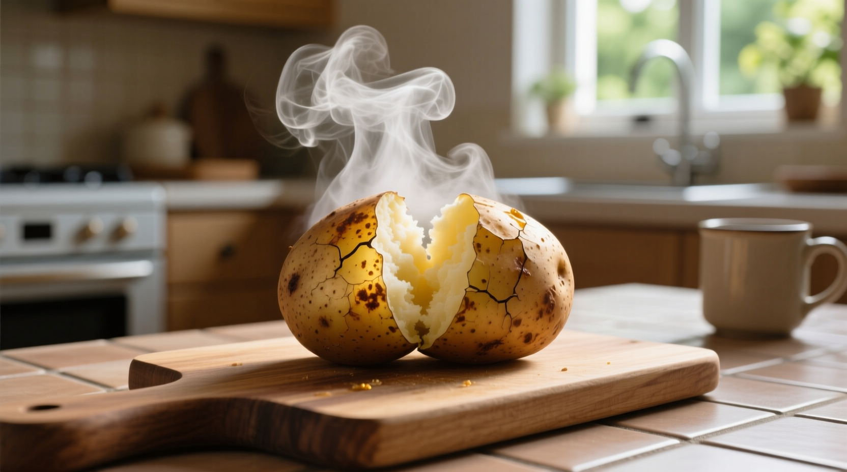 Perfectly cooked microwave potato with steam rising