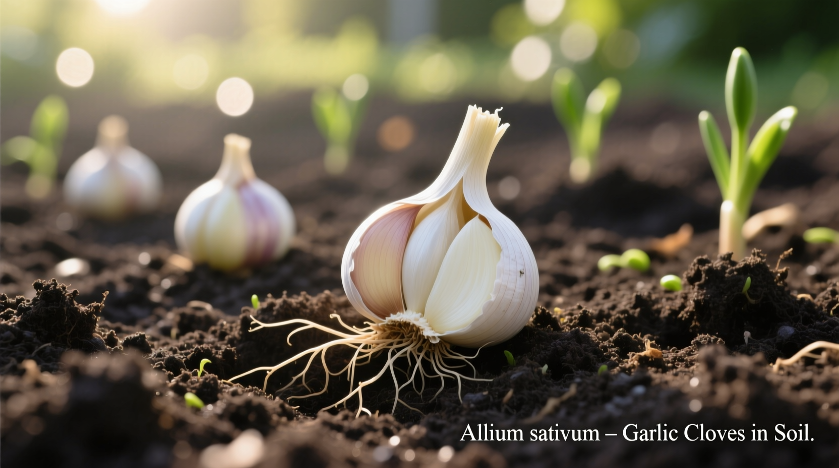 Garlic cloves planted in well-prepared garden soil
