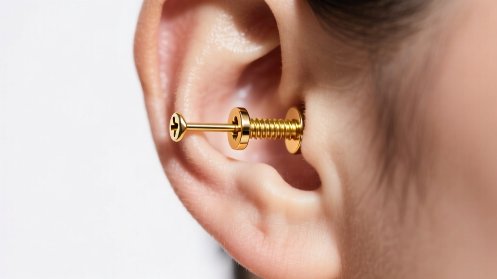 Side profile of an adjustable 14k gold screw-back pressure earring applying even compression to a lower earlobe, studio lighting