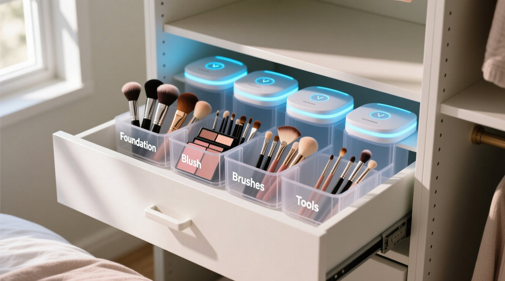 makeup brush organization in closet drawers