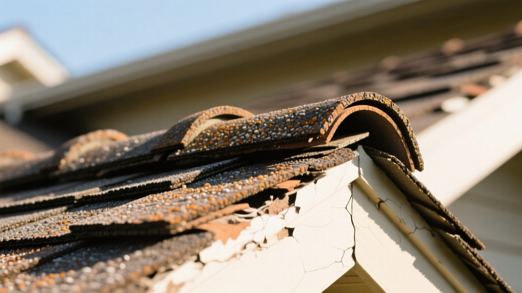 Close-up of weathered architectural asphalt shingles showing granule loss and minor curling on a residential roof in bright sunlight