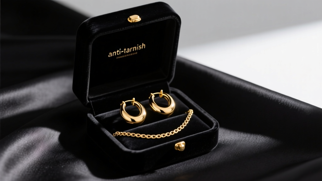 Open anti-tarnish velvet jewelry box containing 14k gold hoop earrings and a delicate chain, resting on black silk fabric.