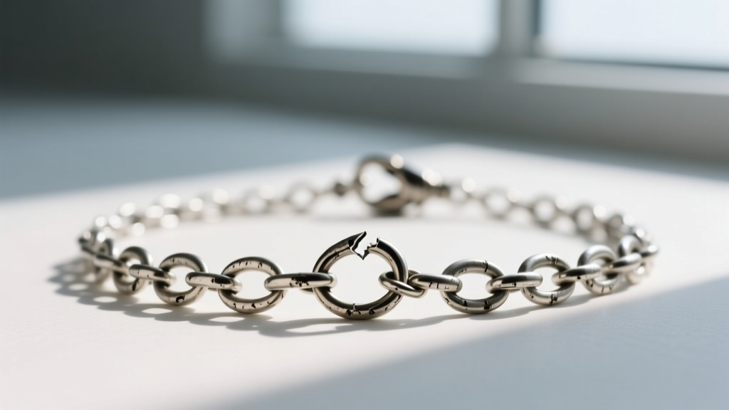 Close-up of a tangled pre-layered necklace showing friction wear on jump rings and a damaged lobster clasp on a thin chain.
