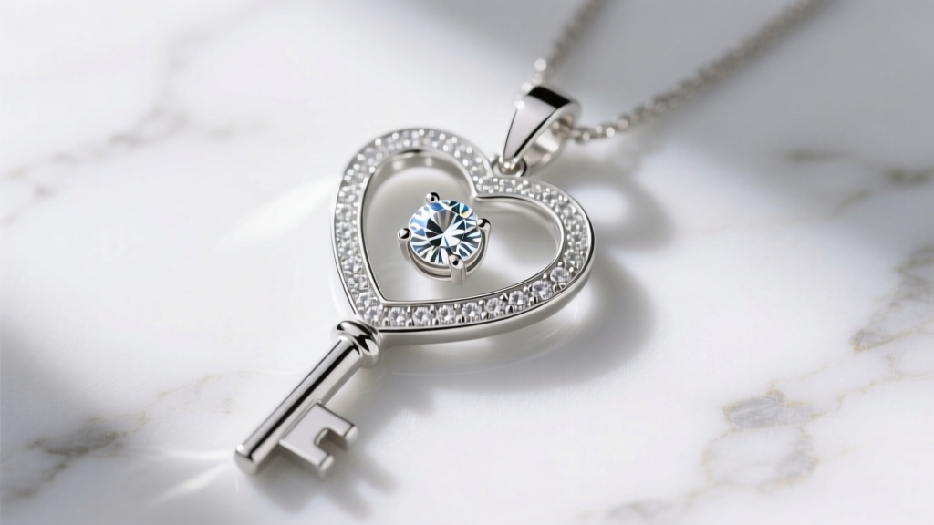 Sterling silver heart-shaped key pendant featuring a bezel-set round moissanite stone, photographed from above on white marble