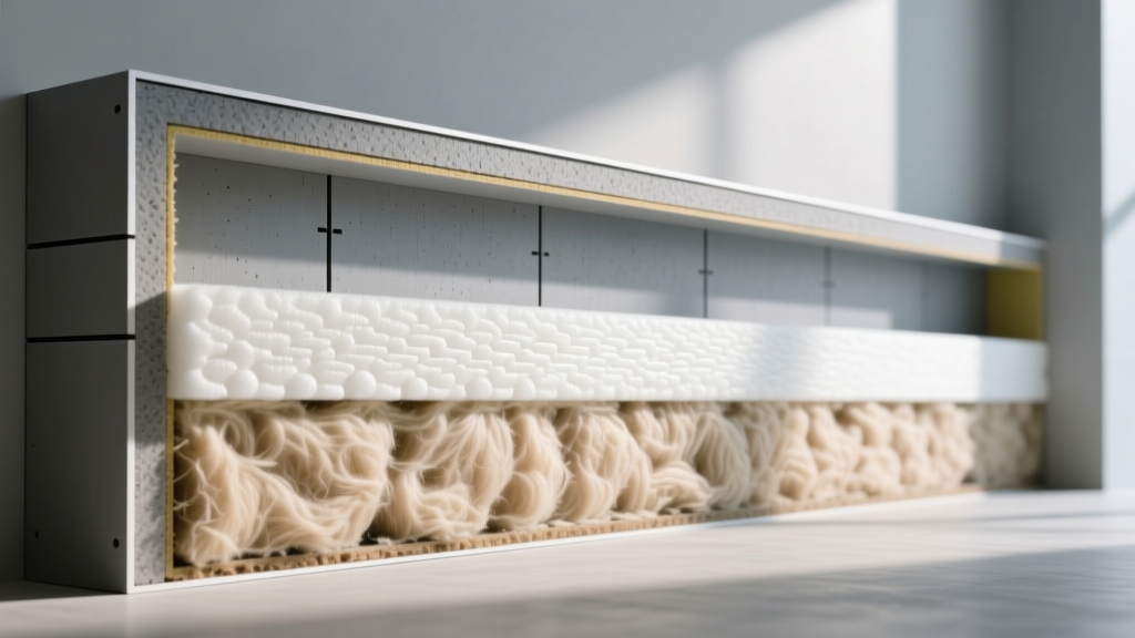 Cross-section of a modern commercial wall assembly revealing layers of rigid polyiso, closed-cell spray foam, and mineral wool batts