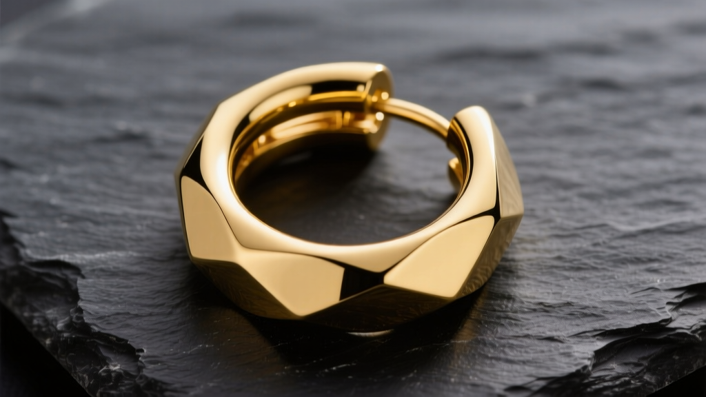 Macro shot of a thick 14k yellow gold statement hoop earring on dark slate, highlighting its precision hinge mechanism.