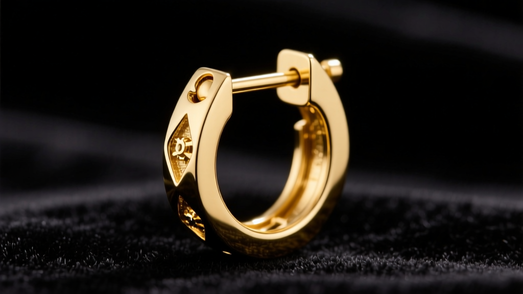 Macro shot of an 18k yellow gold earring omega back mechanism, highlighting the hinged wire and post against dark velvet backdrop.