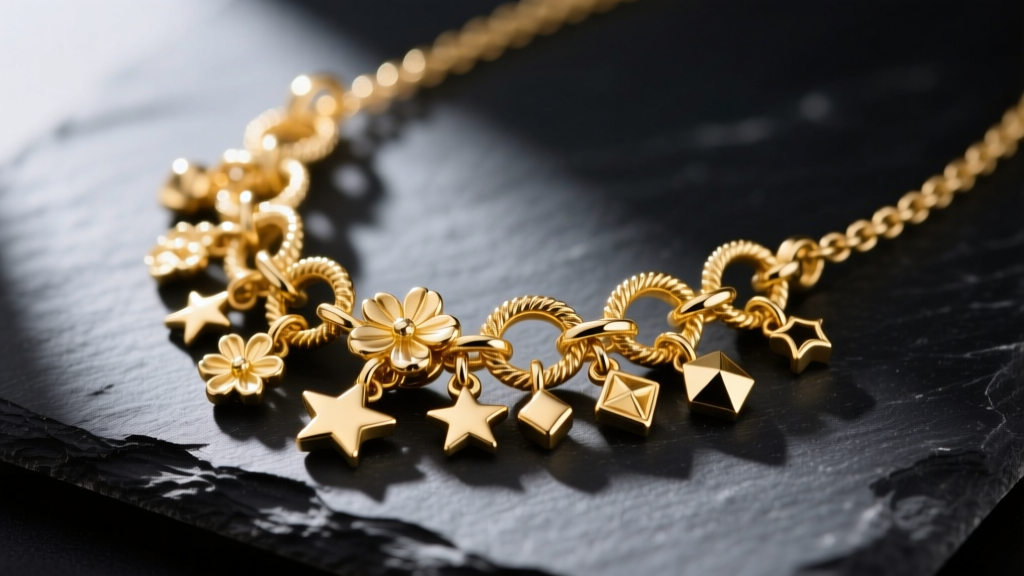 Close-up of a 14k gold cluster charm necklace on dark slate, showing soldered jump rings and textured metal details