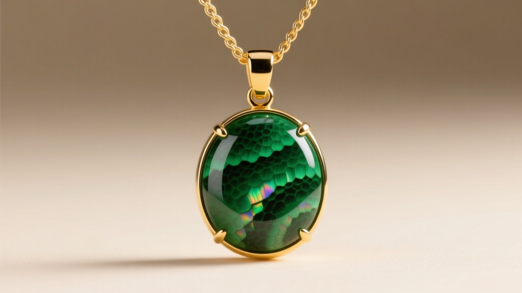 Macro shot of a green serpentine pendant in a 14k yellow gold bezel with a cable chain, highlighting the waxy luster of the stone