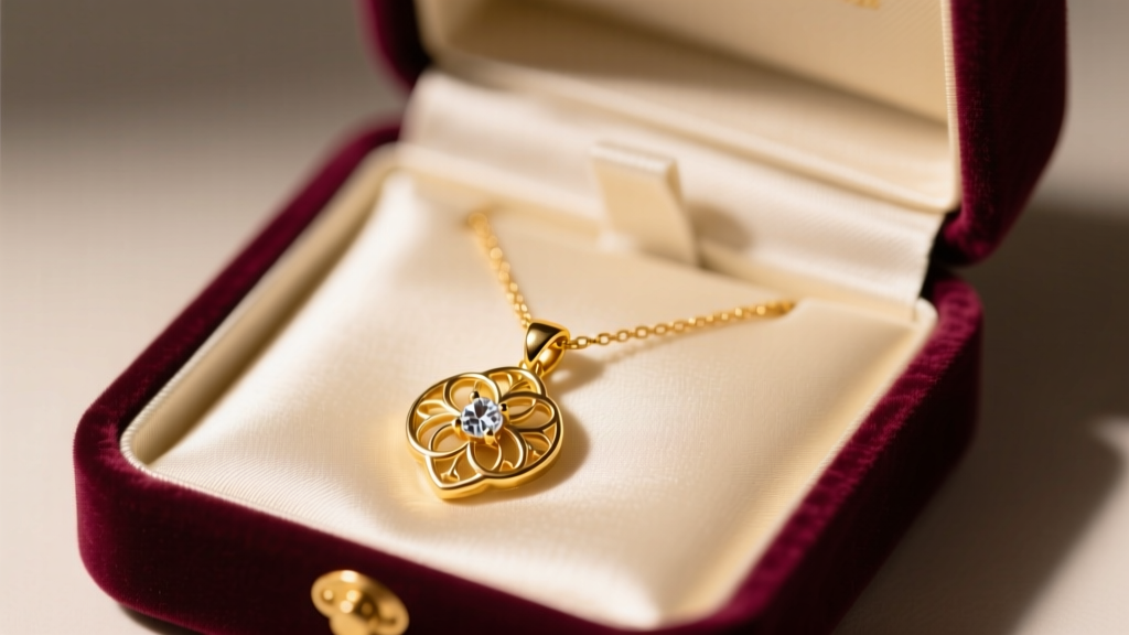 Close-up of an open velvet box revealing a 14k yellow gold pendent necklace resting on cream silk under soft studio lighting