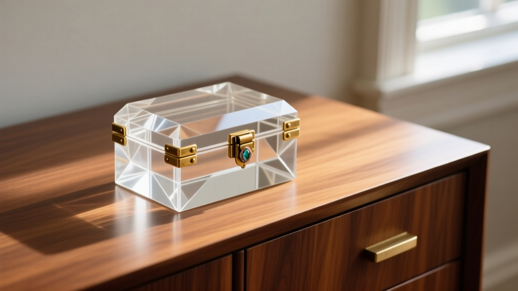 Close-up of a restored 1960s geometric Lucite jewelry box with brass hinges resting on a walnut mid-century modern dresser.