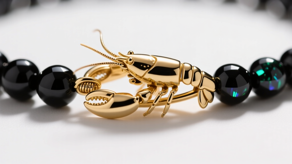 Close-up of a 14k gold-filled lobster clasp on a delicate black tourmaline beaded necklace, clearly showing the spring mechanism