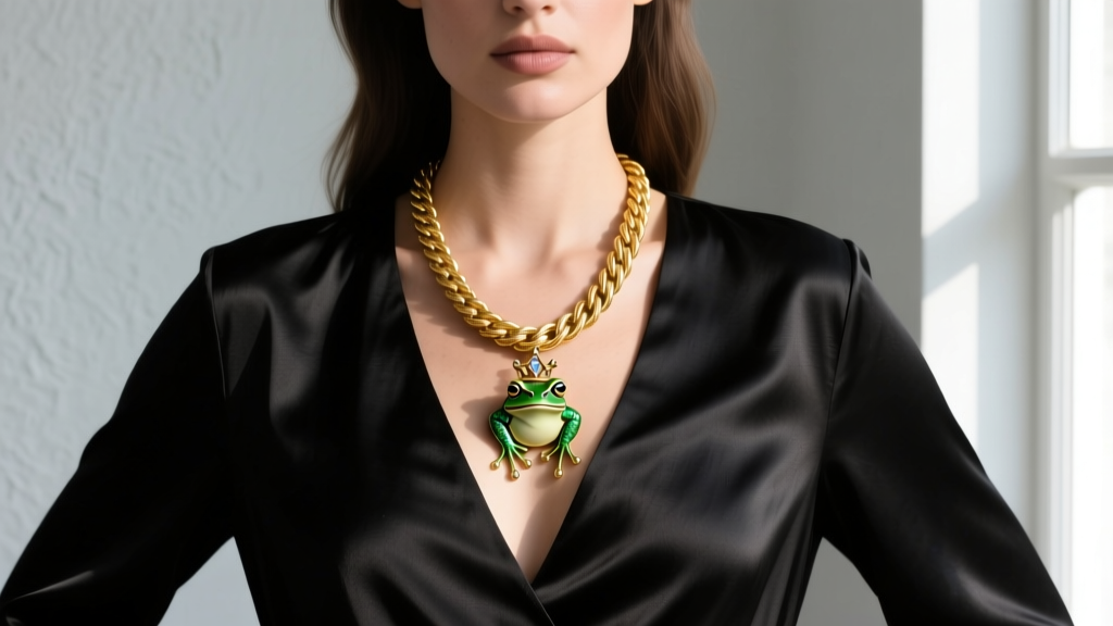 Woman wearing layered 16-inch gold rope chain with subtle bayou-inspired frog prince pendant over a black silk V-neck blouse.