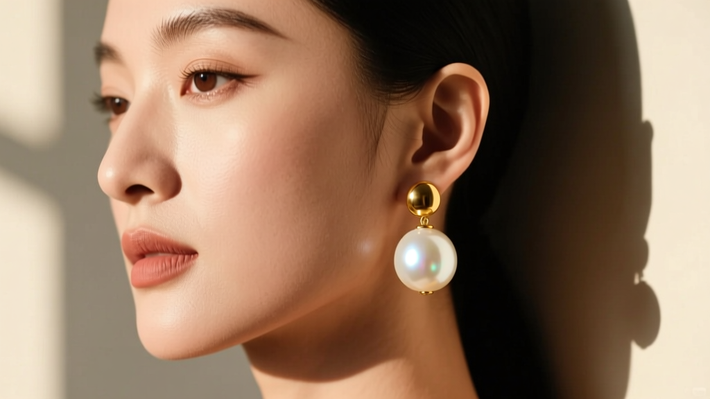 Profile of a woman wearing a large white South Sea pearl drop earring with an 18k gold cap, lit by soft Rembrandt window lighting.