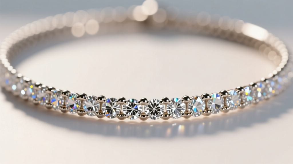 Extreme close-up of a micro-pavé setting on a diamond choker necklace, revealing the tiny metal beads securing each melee stone.