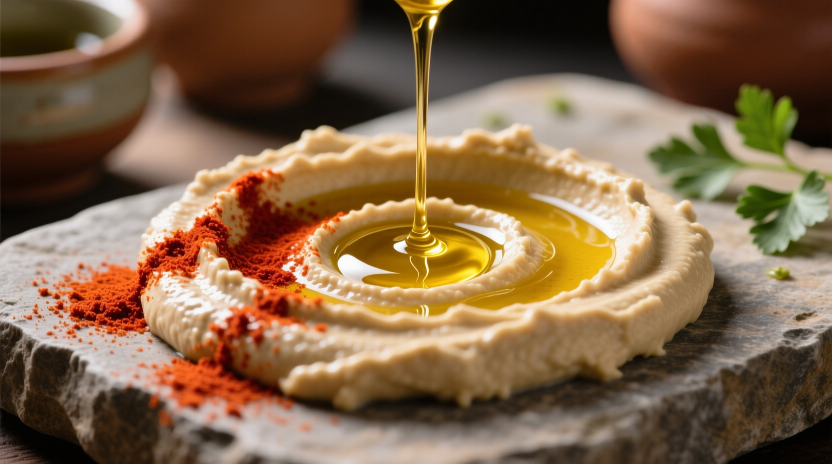Close-up of creamy hummus with olive oil drizzle and paprika