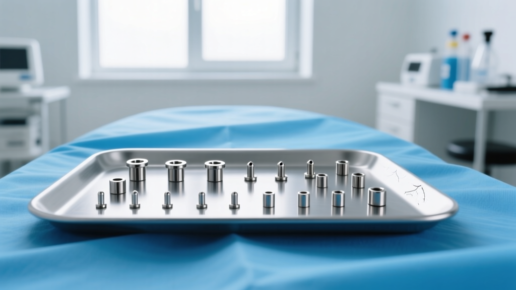 Sterile tray holding titanium labret studs of various gauges on a blue medical drape in a bright, professional piercing studio.