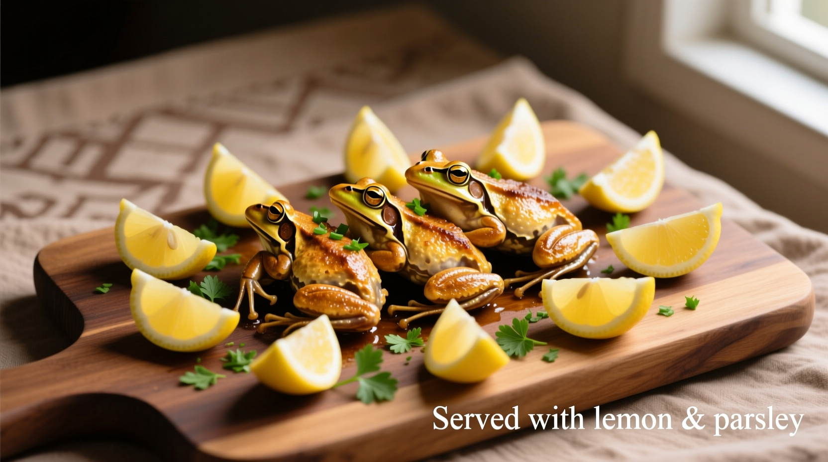 Golden brown frog legs with lemon wedges and parsley