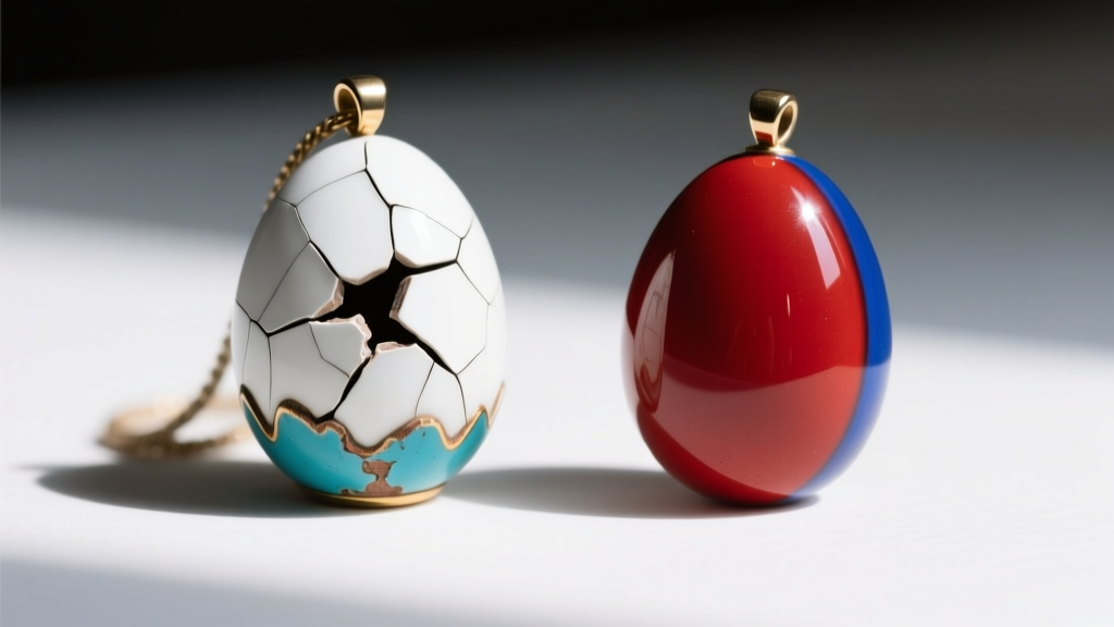 Comparison of a cracked cold enamel Joan Rivers egg pendant and a pristine piece, showing common vintage enamel failure modes