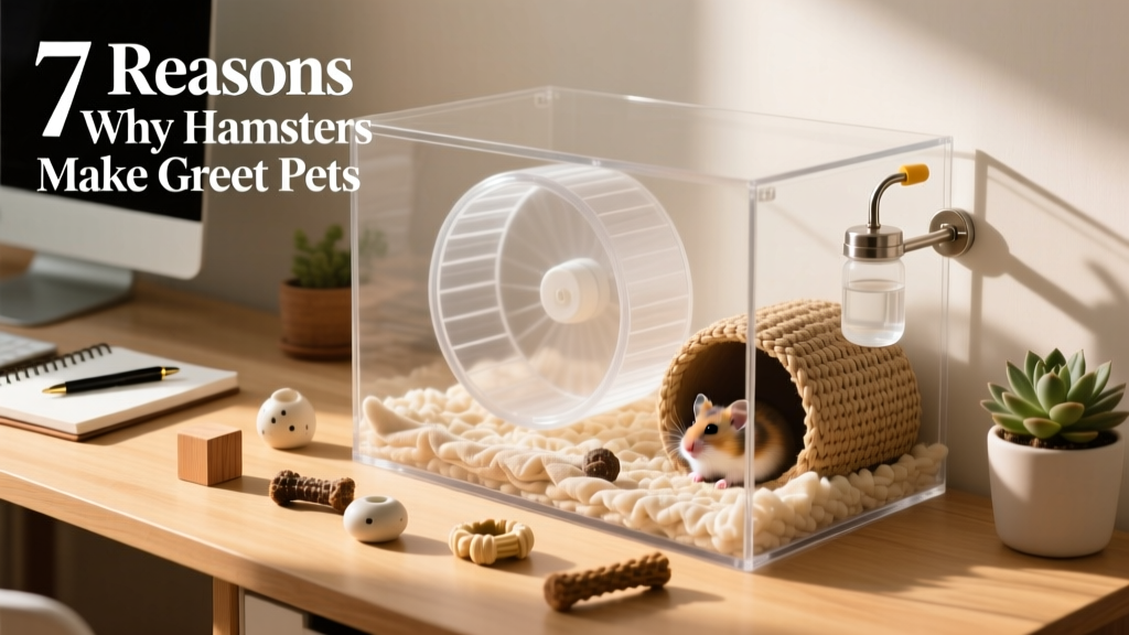 A tidy, well-equipped hamster habitat with a running wheel, nesting box, chew toys, and layered bedding on a desk