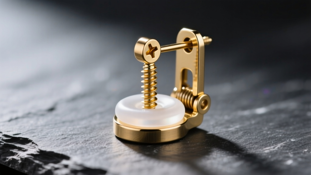 Macro photo of a brass screw-back clip-on earring mechanism with a clear silicone comfort pad resting on a dark slate surface.