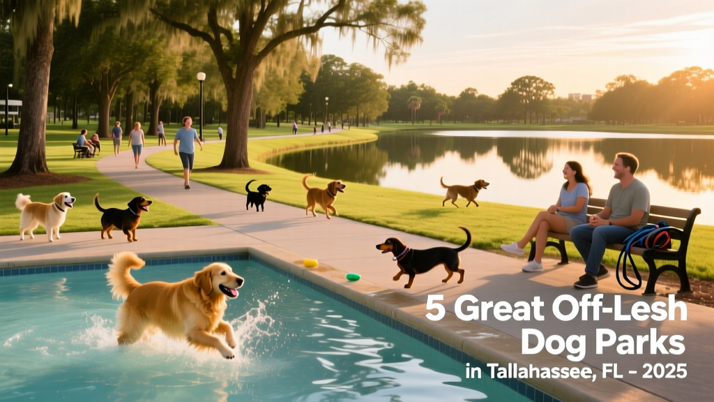 A bustling dog park with paved walking paths, a shallow splash pool for dogs, and wooded trails leading to a serene lake